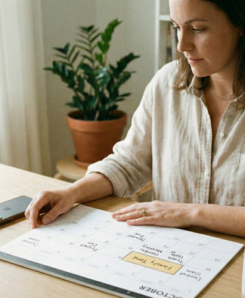 A woman sits at a desk, she is looking at a calendar which has days filled in. Her phone is face down on the desk.