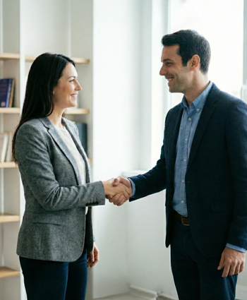 A man and woman shakes hands confidently in a bright office.