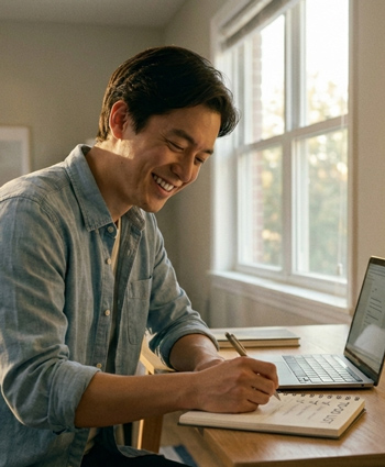 A man smiling as he ticks off items on a to-do list, seated at his desk.
